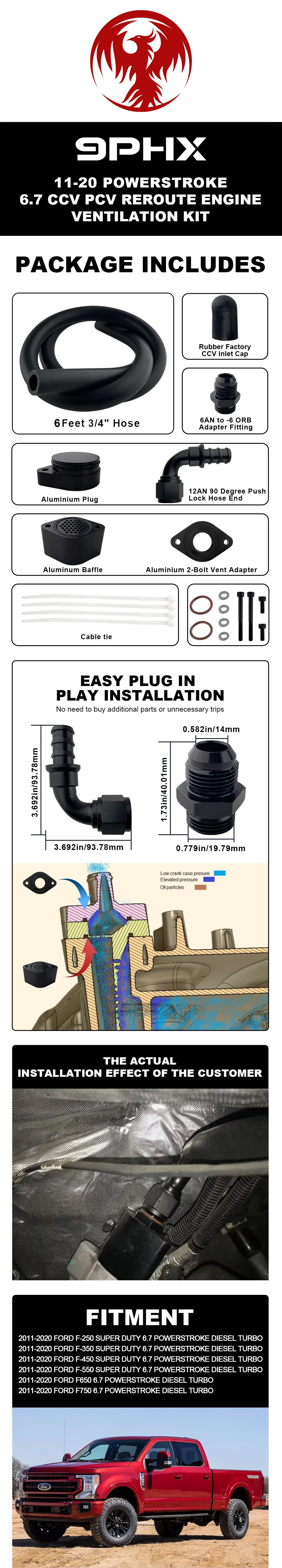 2011-2023 Ford 6.7L Powerstroke CCV PCV Kit de ventilación del motor de redireccionamiento