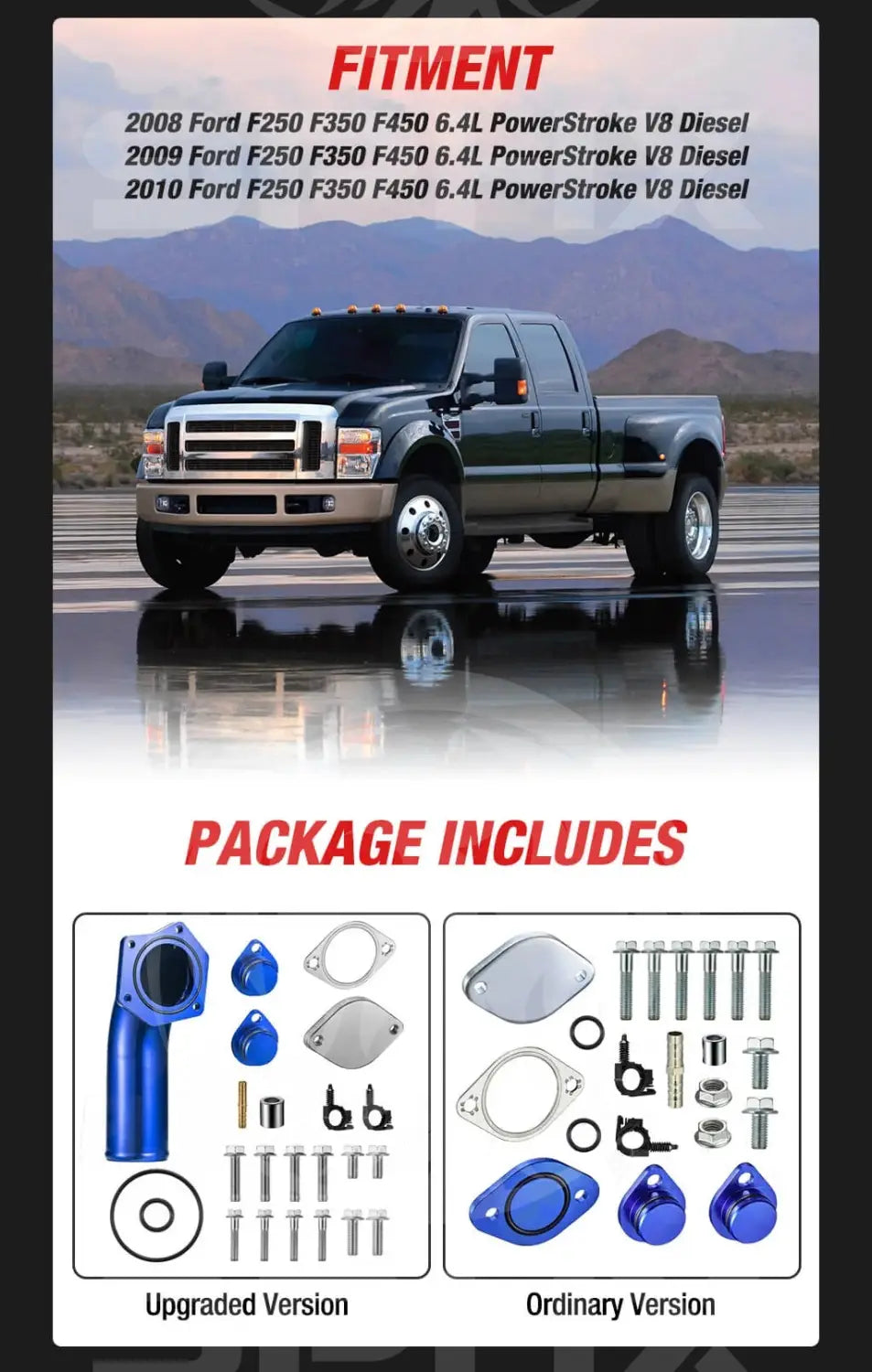 2008 2010 Powerstroke 6.4L EGR Delete Kit w/High Flow Intake Elbow for Ford F250 F350 F450