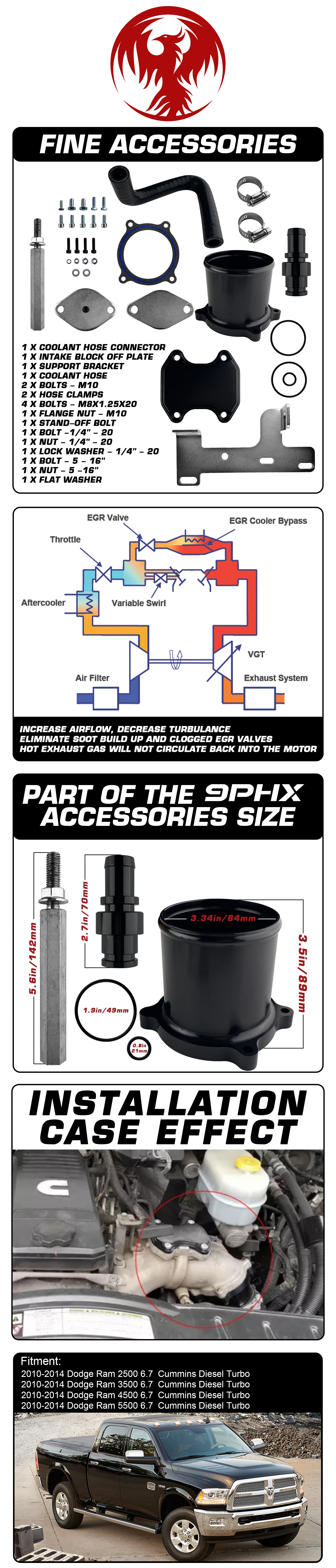 9PHX 2010-2014 6.7L Cummins Dodge Ram EGR Kit de eliminación Enfriador de válvula del acelerador